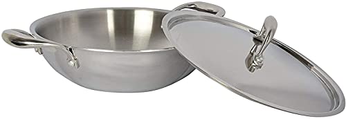 Tabakh Food Grade 2.5 Liter Induction Friendly Platinum (TRI PLY) 18/8 Stainless Steel Kadai w/Stainless Steel Lid (24cm, 2.5 Litre)