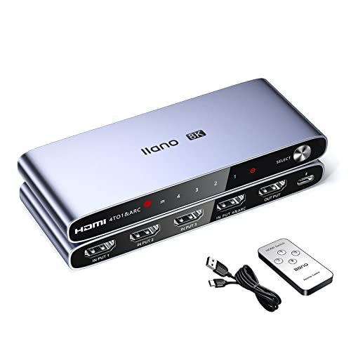 llano HDMI 2.1 Switch, HDMI Auto Switcher 4K@120Hz 8K@60Hz with IR Remote, Switcher Selector 4 in 1 Out Supports ARC, CEC, HDCP2.3, 3D, HDR10+ VRR ALLM for PS5 and Xbox