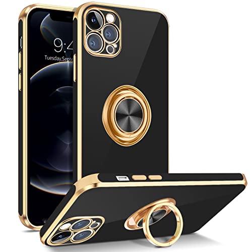 BENTOBEN iPhone 12 Pro Case with 360 Ring Holder, Shockproof Slim Kickstand Magnetic Support Car Mount Women Men Non-Slip Protective Phone Case for iPhone 12 Pro 6.1", Black/Gold