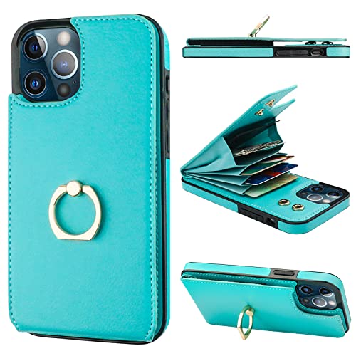 Folosu Compatible with iPhone 12 Pro Max Case Wallet with Card Holder, 360Rotation Finger Ring Holder Kickstand Protective RFID Blocking PU Leather Double Buttons Flip Shockproof Cover 6.7 Inch Green