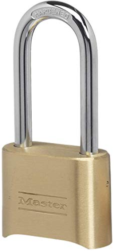 Master Lock Combination Lock, Indoor and Outdoor Padlock, Set Your Own Combination Lock, Extended 2-1/4 in. Lock Shackle with Brass Finish
