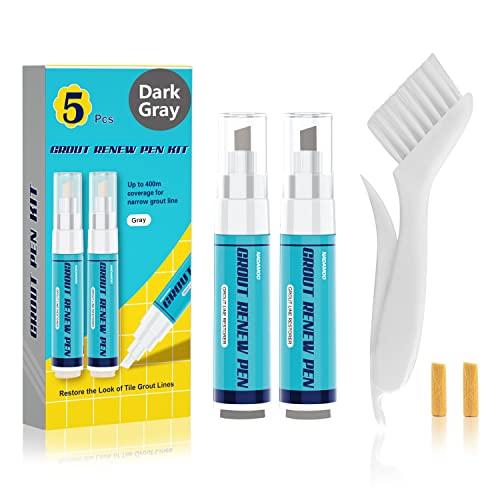 NADAMOO Grout Renew Pen Dark Gray, 2 Large Size 20ml Tile Grout Paint Pens, Grout Shine Touch Up Repair Marker Tile Gap Coating- Restore Grout Line, with 2 Replacement Nibs and 1 Cleaning Brush