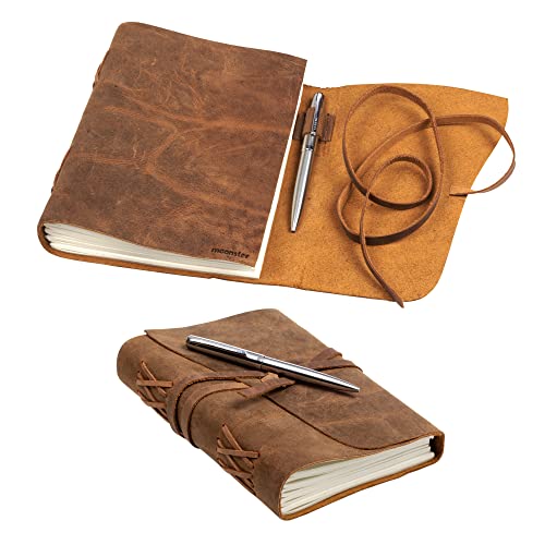 Moonster Leather Journal Notebook Gift Set + Luxury Pen  Handmade Genuine Buffalo Leather Travel Journal Hand-Stitched Coptic Leather Binding  Premium Recycled Acid-Free Unlined Cotton Paper