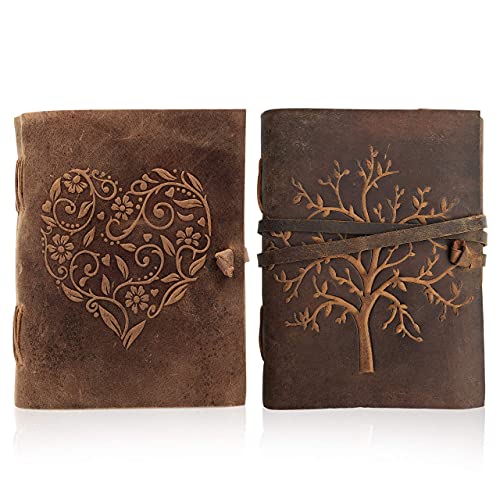 Moonster Genuine Leather Journals Bundle - Beautifully Embossed Tree & Heart Leather Bound Notebooks - Handmade Journal for Daily Writing, Drawing and Sketching