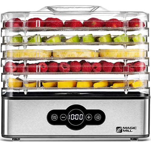 Magic Mill Food Dehydrator Machine | 5 Stackable Stainless Steel Trays Jerky Dryer with Digital Adjustable Timer and Temperature Control - Electric Food Preserver Machine with Powerful Drying Capacity for Fruits, Veggies, Meats & Dog Treats (5 Stainless Steel Trays)
