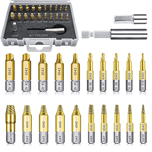 22 Pcs Damaged Screw Extractor Kit, AAHGGBA HSS 6542 Material Stripped Screw Extractor Set with Magnetic Extension Bit Holder and Socket Adapter Easily and Quickly Remove All Sizes of Damaged or Nuts.