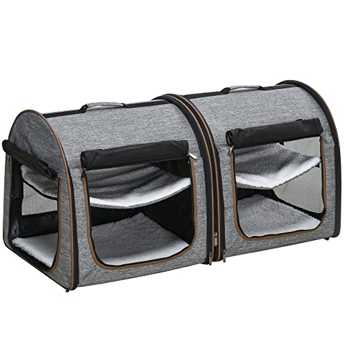 PawHut 39" Portable Soft-Sided Pet Cat Carrier with Divider, Two Compartments, Soft Cushions, & Storage Bag, Grey