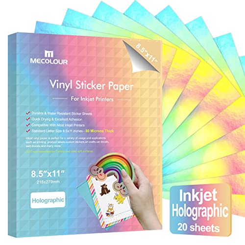 MECOLOUR Holographic Sticker Paper Printable Rainbow Vinyl 20 Sheets 8.5 x 11 Inches for Inkjet Printer, Dries Quickly Waterproof Sticker Paper