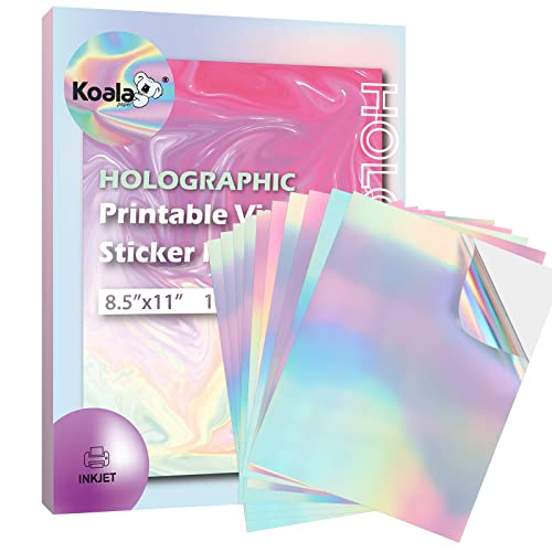 Koala Holographic Sticker Paper for Inkjet Printer 10 Sheets 8.5x11 Inch Printable Vinyl Sticker Paper Rainbow Waterproof Sticker Paper, Dries Quickly, Vivid Color, Tear Resistant