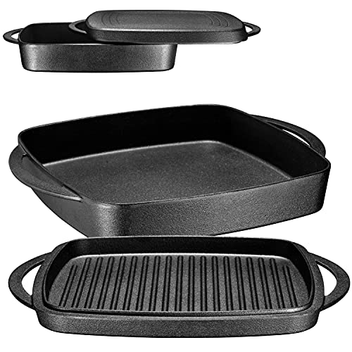 Bruntmor 2-in-1 Pre-seasoned Square Cast Iron Dutch Oven With Dual Handles, Non stick Pan with Grill, Casserole Dish with Lid for Braising Dishes, Crock Pot Covered With Cast Iron, Oven Safe Skillet