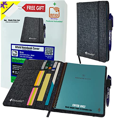 Gouda Bifold Portfolio Notebook Cover , Portfolio Organizer with Pen Loop , Large , Meduim and Small Pockets , Business Card Holder with RFID Blocking Feature , Ribbon Bookmark , Leather Water-resistante Fabric Case , for Smart Reusable Notebook Planner , Compatible with Rocketbook Everlast , Wave , Fusion and Panda Styels and Elfinbook in A5 and Executive Sizes (Grey)