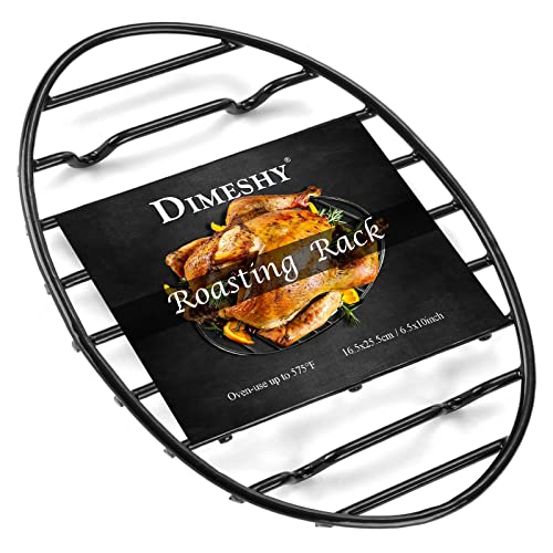 DIMESHY Roasting Rack, Black with Integrated Feet, Enamel Finished, Nonstick, fit for 13 inches oval roasting pan, safety, dishwasher, Great for Basting, Cooking, Drying, Cooling rack.(10x 6.5)