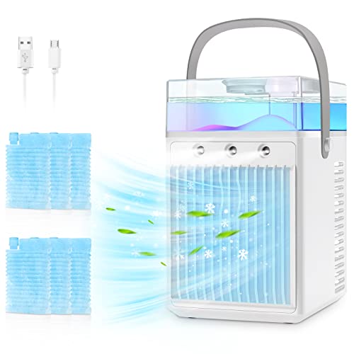 Portable Air Conditioners, 4-IN-1 Evaporative Air Cooler with 3 Winds Speeds & 3 Air Sprayers, Colorful Lights, Rechargeable Air Cooler Fan Quiet Desk Fan Portable AC for Room Office Dorm Car Camping