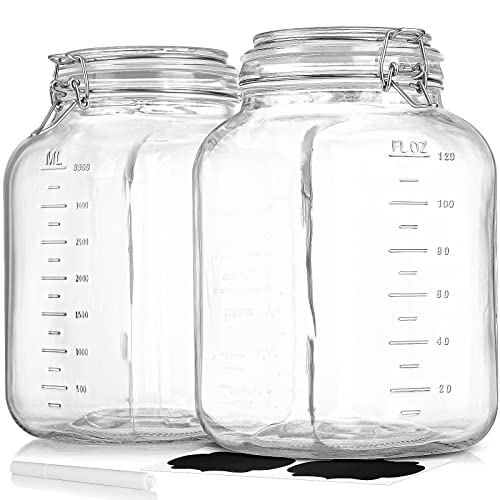 2 Pack 1 Gallon Square Super Wide-Mouth Glass Jars with Airtight Lids - Glass Storage Jars with 2 Measurement Mark - Canning Jars with Large Capacity, Sturdy For Canning, Overnight Oats, 4200 ML