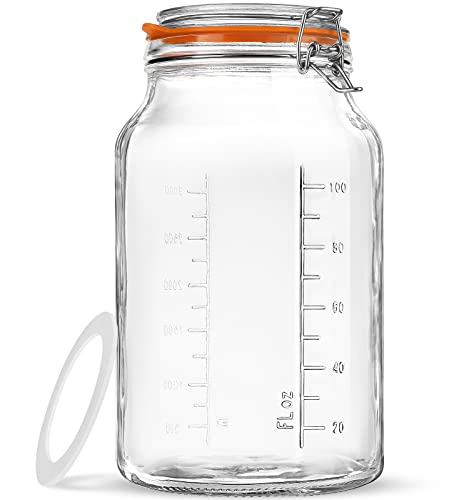 Folinstall Super Wide Mouth Glass Storage Jar with Airtight Lids, 1 Gallon Large Mason Jars with 2 Measurement Marks, Pickle Jar with Large Capacity 128oz/4100ml, Overnight Oats Containers with Lids