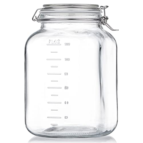 Folinstall 1 Gallon Square Super Wide-Mouth Glass Jars with Airtight Lids - Glass Storage Jars with 2 Measurement Mark - Canning Jars with Large Capacity, Sturdy For Canning, Overnight Oats, 4100 ML