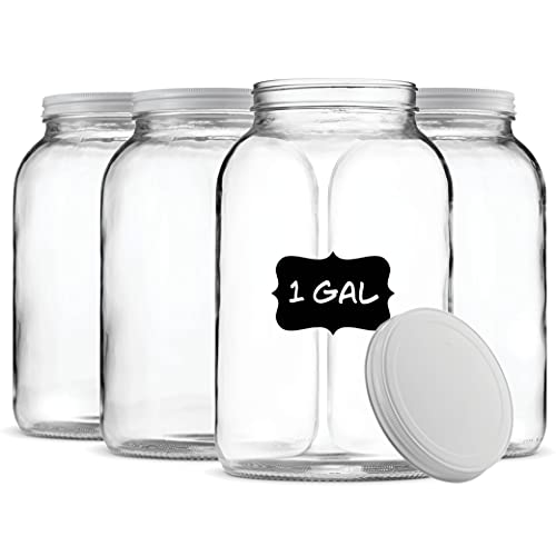 Paksh Novelty 1-Gallon Glass Jar Wide Mouth with Airtight Metal Lid 4-Pack USDA Approved BPA-Free Dishwasher Safe Clear Mason Jar for Fermenting Kombucha Kefir Storing and Canning - Chalkboard Labels