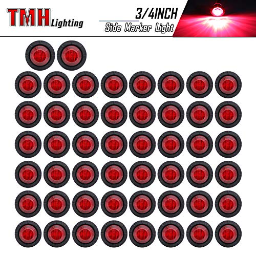 TMH 50 Pcs 3/4 Inch Red Clearance Side Marker Indicator Lights Mini Round Front Rear 3 LED with Rubber for Trailer Truck Bus Car Pickup 12V DC