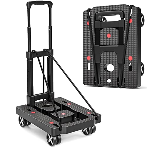 Folding Hand Truck Dolly, Yolid Foldable Luggage Cart with 360 Rotate Wheels and Elastic Ropes, Portable Flatbed Cart Collapsible Hand Truck for Moving, Luggage, Travel, Shopping, Office Use