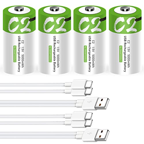 CAMELCELL C Batteries- 4 Pack Rechargeable C Batteries,5000mWh Lithium ion C Size Battery with 2Pcs 2 in 1 USB A to Type C Charger,1200 Cycle,Portable USB Rechargeable C Cell Batteries