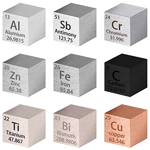 9 Pieces Element Cube Set 10mm Density Cubes Periodic Table Pure Metal Cube Zinc Copper Bismuth Chromium Aluminum Antimony Iron Carbon Titanium for Element Collections Material Hobbies