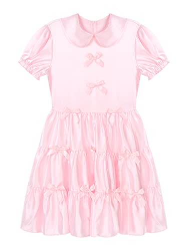 Alvivi Men's Lingerie Shiny Satin Nightwear Pajamas Sissy French Maid High Low Dress with Sash Pink A X-Large