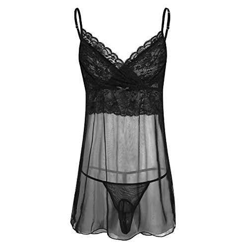 iEFiEL Mens V-Neck Sheer Lace Floral Mesh Sissy Mini Night Dress with Closed Sheath G-String Nightwear Lingerie Set Black X-Large