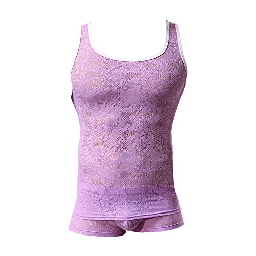 Men's Sissy Lace Lingerie Fishnet Tank Top Thong Leotard Underwear Sleeveless Singlet Underwear, Purple, M