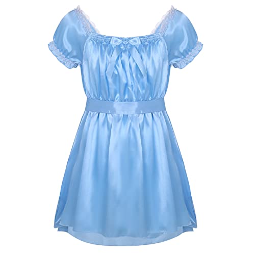 TSSOE Men's Satin Frilly Girly Sissy Dress Maid Costume Crossdress Pajamas Nightwear Lingerie Blue A Medium