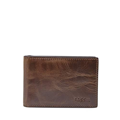 Fossil Men's Derrick Leather Slim Minimalist Magnetic Money Clip Bifold Front Pocket Wallet, Dark Brown