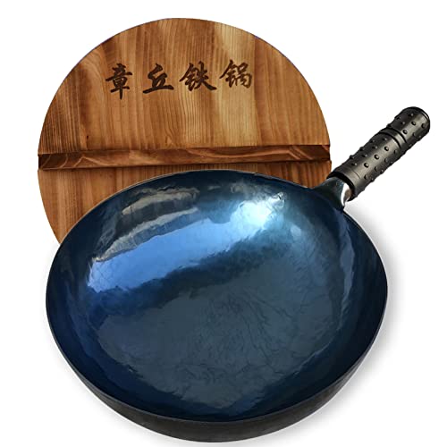 shuoguoleilei Chinese Hand Hammered Iron Woks Set, Non-stick No Coating Preseasoned Wok Blue Round Bottom Wok Pan For Electric, Induction and Gas Stoves Blue Black-14