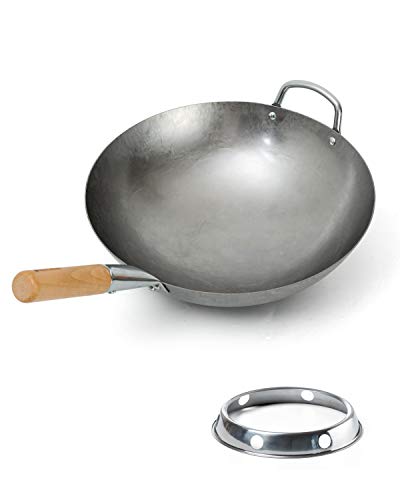 Bielmeier Hand Hammered Wok pan 14.1",Carbon Steel Wok with Wok Ring, Round Bottom Woks and Stir Fry Pans with Wooden and Steel Helper Handle