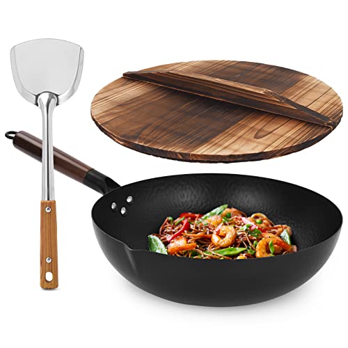 Cookeriess Hand Hammered Carbon Steel Wok, Wooden Lid Asian Spatula with Handle - Stir Fry Pan for Chinese, Japanese, and Cantonese Cuisine  Flat Bottom Wok Cooking by Cookeries / 2 Accessories