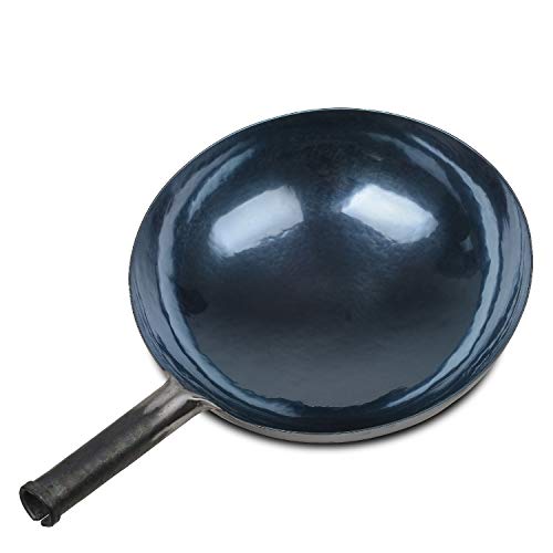 ZhenSanHuan Chinese Hand Hammered Iron Woks and Stir Fry Pans, Non-stick, No Coating, Less Oil, Carbon Steel Pow (Seasoned 32CM)
