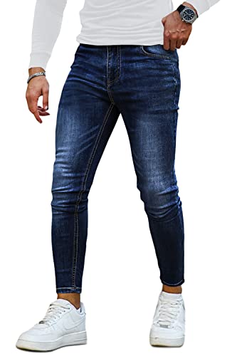 GINGTTO Skinny Jeans for Men Slim FIt Stretch Elastic Waist Mens Pant High Rise 32x30 Dark Blue