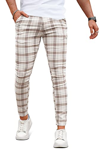 GINGTTO Khaki Pants Men Skinny Dress Pants with Pockets Elastic Waist Stretch(Khaki Plaid,32)