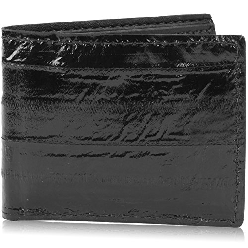 Genuine Pacific Eel Skin Leather Bifold Wallet Handmade (6 Card Slots, Black)