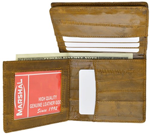 Marshal Genuine Eel Skin Leather Bifold Wallet Card Holder with Id Window (Tan)