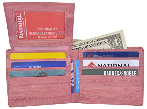 Men's Waterproof Genuine Eel Skin Leather Flap Up ID Credit Card Holder Bifold Wallet (Pink)
