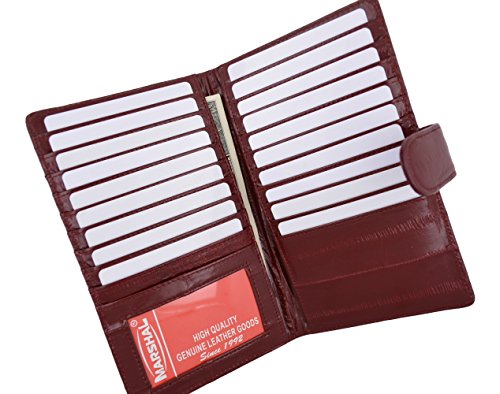Marshal New Eel Skin Leather Credit Card Holder Wallet 19 Card Slots & 1 ID Window With Snap (Burgundy)
