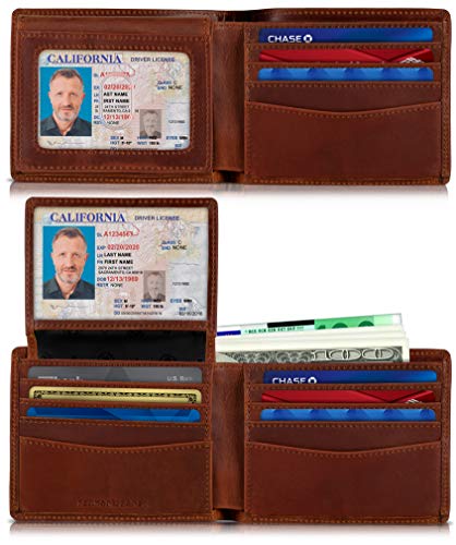 SERMAN BRANDS 2 ID Window Wallet for Men RFID Blocking Leather, Bifold Top Flip, Extra Capacity Travel Wallet (Canyon Red Executive)