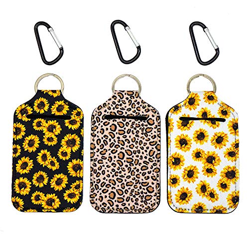 Party Girl Kim Hand Sanitizer Holder - Easy To Use 2 oz Travel Size Hand Sanitizer Keychain Holder, Attaches To Your Purse, Backpack, Diaper Bag With Key Ring and Carabiner (Sunflower Leopard)