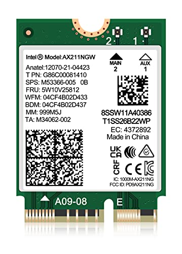 WiFi 6E Wireless Card Intel AX211 NGW M.2: CNVio2, Bluetooth 5.3, Tri-Band 5400Mbps, Network Adapter for Laptop Support Windows 10/11 (64bit), Linux, Chrome OS. Only Available with Gen Intel 12+ CPU