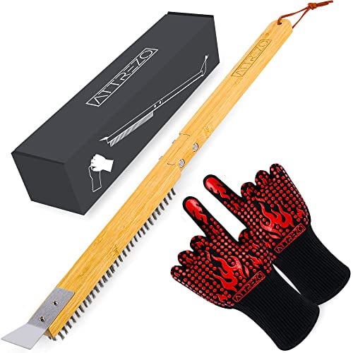 Longer Pizza Oven Brush with Scraper and Heat Resistant Gloves. Mounted Metal Bristles Pizza Brush for Pizza Oven. 58 CM Pizza Stone Brush with Pizza Oven Scraper, Outdoor Pizza Oven and Accessories