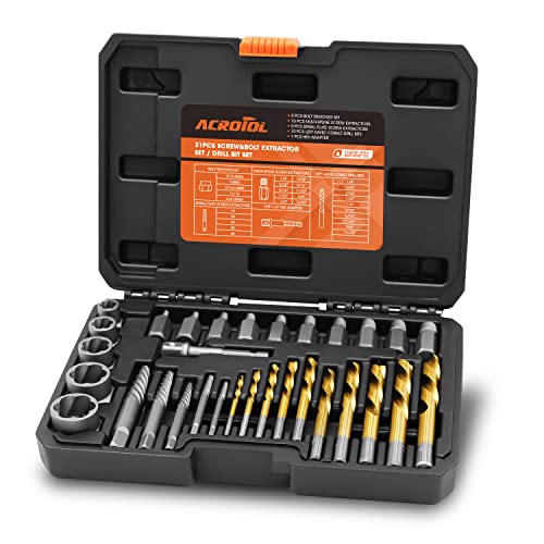 ACROTOL Bolt Extractor Set, Screw Extractor Drill Bit Set, Easy Out Kit with Left Hand Drill Bits Multi-spline Extractors for Removing Stripped, Broken, Rounded Bolts, Nuts and Screws, 31-piece