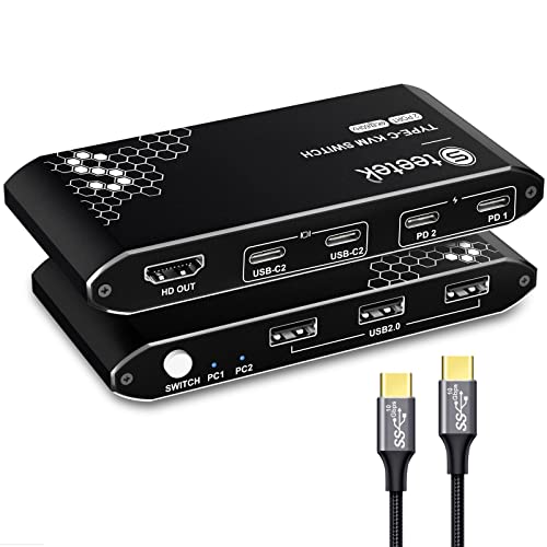 Steetek USB-C KVM Switch 2 PCs Share 1 Monitor, 4K@60Hz USB C KVM Switch 3 USB2.0, PD 3.0 KVM with 100W Power Delivery Option. 2 Channel Type C in 1 HDMI Output. Button Switch, with 2 Type-C Cables