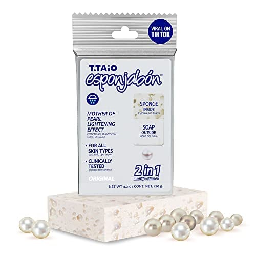 T.Taio Esponjabon Mother of Pearl Soap Sponge - Gentle Shower Scrubber - Cleaning Bath Wash Scrub - Dirt & Oil Removal - Massage & Lather Foot, Elbow, & Face - Bathroom Accessories - Fresh Nacre Scent