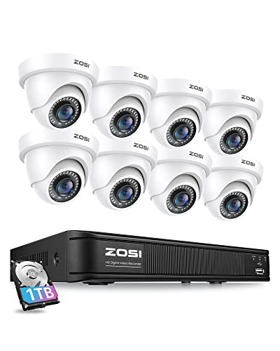 ZOSI H.265+ Home Security Camera System,5MP Lite 8 Channel Surveillance DVR with Hard Drive 1TB and 8 x 1080p Weatherproof CCTV Dome Camera Outdoor Indoor with 80ft Night Vision, Motion Alerts