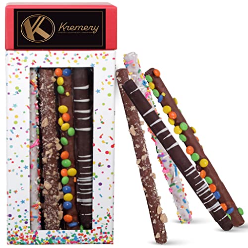 Mothers Day Dark Milk Chocolate Covered Pretzel Rids Gift Basket in Confetti Tower (10 Count) Assorted Sweet Treats Candy Toppings, Gourmet Bakery Desert, Kosher Dairy Food USA Made, Mom Women Wife