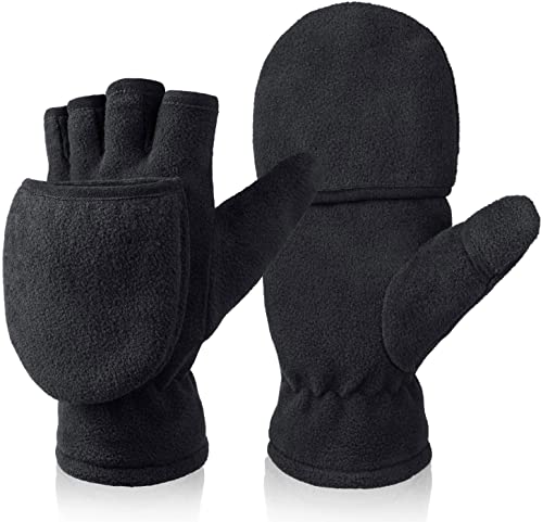 Mens Womens Winter Fingerless Gloves: Thermal Thick Warm Fleece Convertible Mittens for Photographer in Cold Weather - Black Large